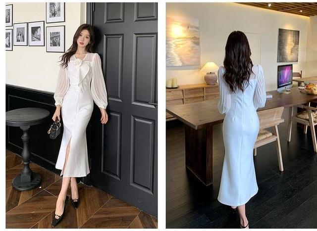 Long-Sleeve V-Neck Plain Flower Accent Slit Midi Sheath Dress Product Image