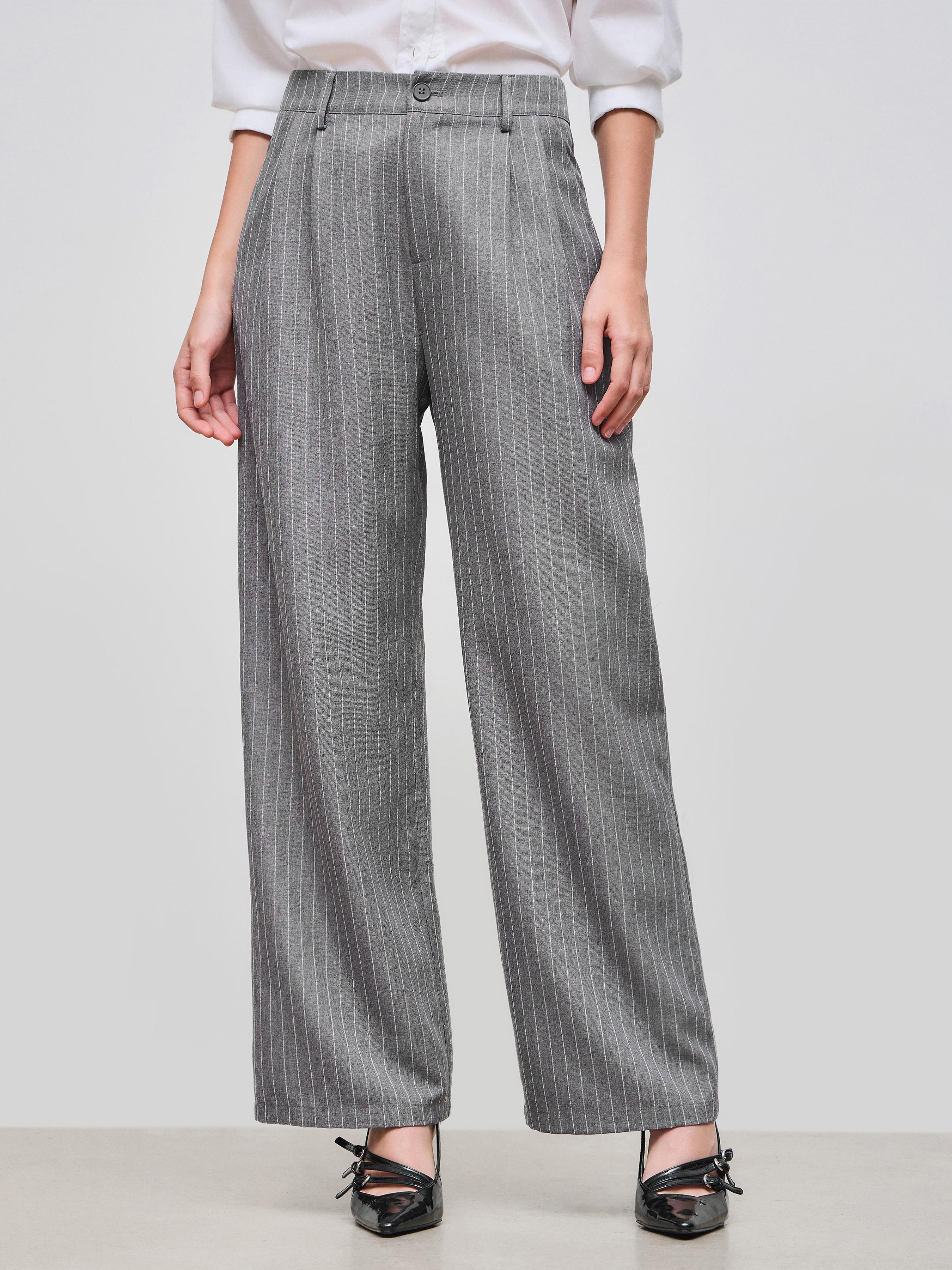 Woven Mid Rise Striped Zipper Pocket Wide Leg Trousers Product Image