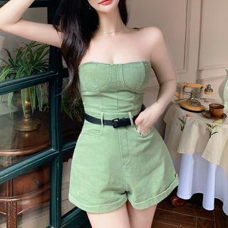 Sweetheart Neckline Denim Wide-Leg Romper Product Image