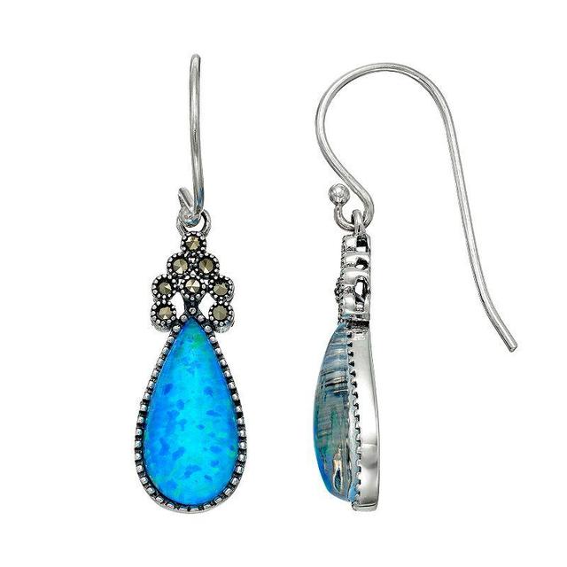 Tori Hill Sterling Silver Simulated Blue Opal & Marcasite Teardrop Earrings, Womens, Grey Product Image