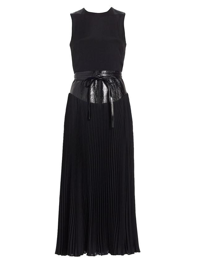 Brandon Maxwell The Claudia Leather Waist Pleated Dress Product Image