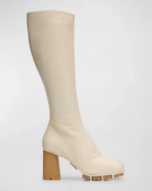 BOTTEGA VENETA Shore Lambskin Block-heel Knee Boots In Sea Salt Product Image