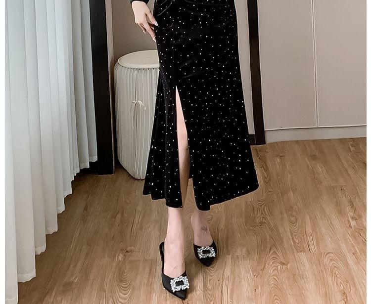 Long Sleeve Square Neck Dotted Embroidered Ruched Slit Bodycon Midi Dress Product Image