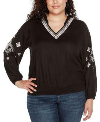 Black Label Plus Size Embroidered Blouson Sleeve V-Neck Blouse Product Image