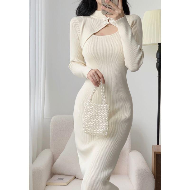 Long-Sleeve Mandarin Collar Plain Frog Button Cutout Midi Sheath Knit Dress Product Image