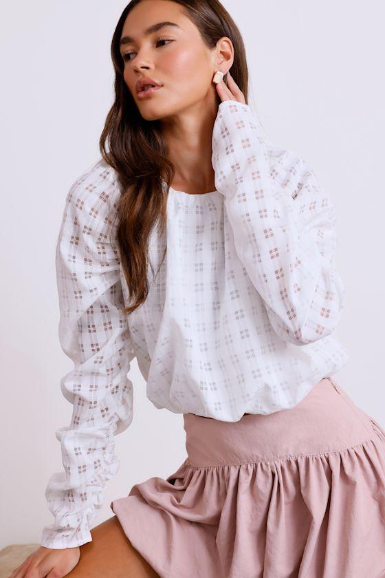 Unique Statement White Burnout Plaid Ruched Long Sleeve Top Product Image