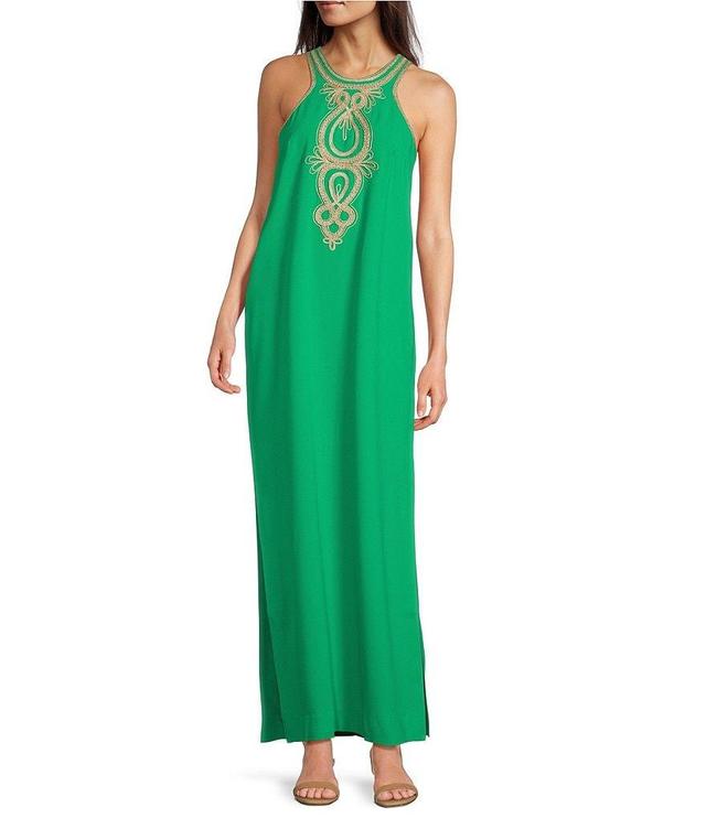 Lilly Pulitzer Taylane Satin Back Crepe Scoop Neck Sleeveless Embroidered Maxi Shift Dress Product Image