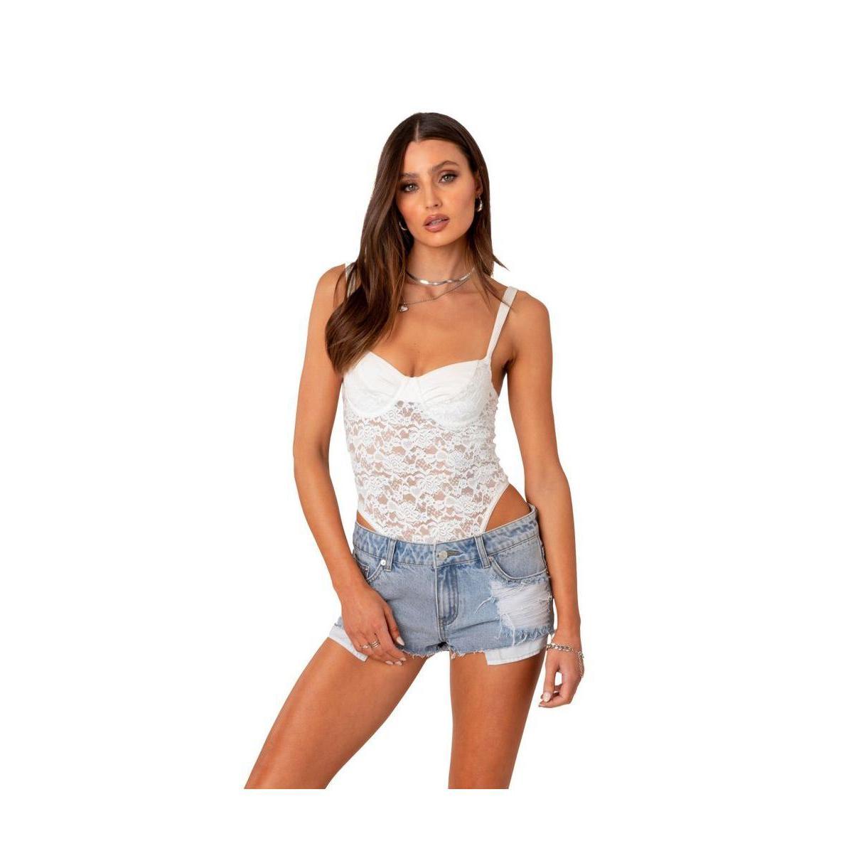 EDIKTED Lace & Satin Underwire Bodysuit in White at Nordstrom, Size Small Product Image