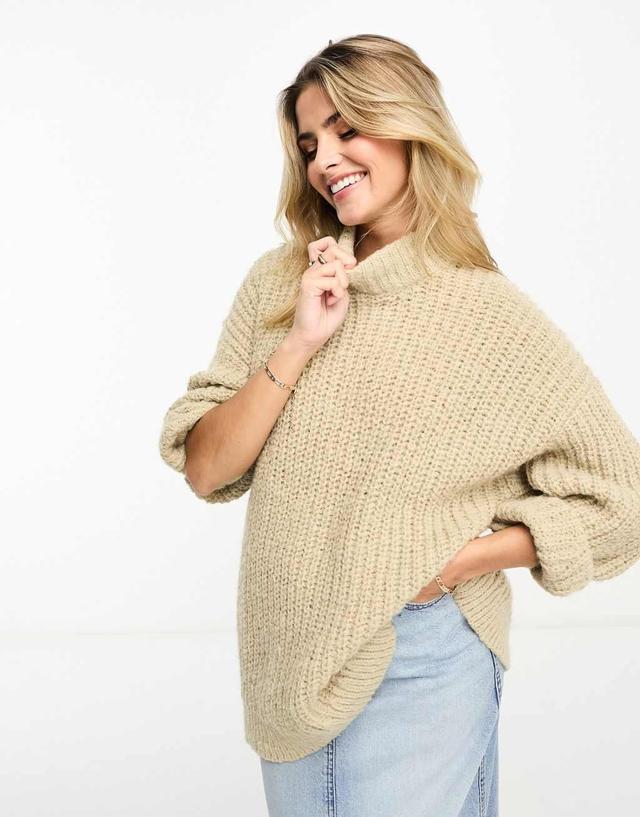 Monki high neck chunky rib knitted sweater with volume sleeve in beige Product Image