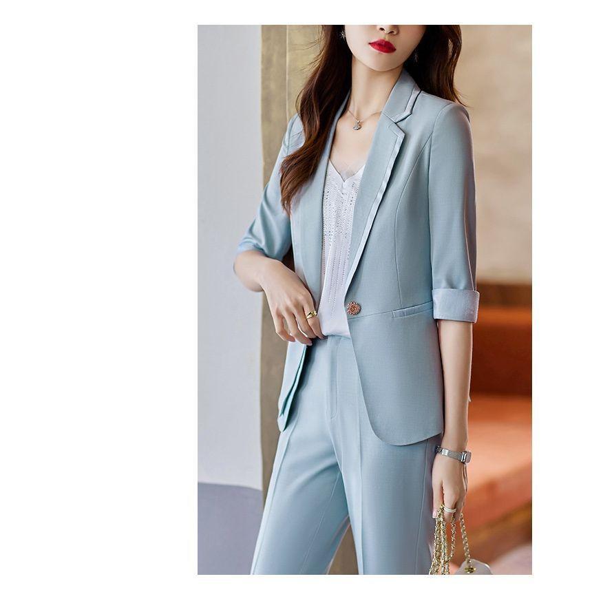 3/4-Sleeve Plain One-Buttoned Blazer / Crop Tapered Dress Pants Product Image