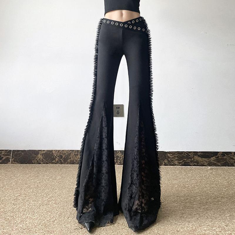 Mid Waist Plain Lace Panel Flare Pants Product Image