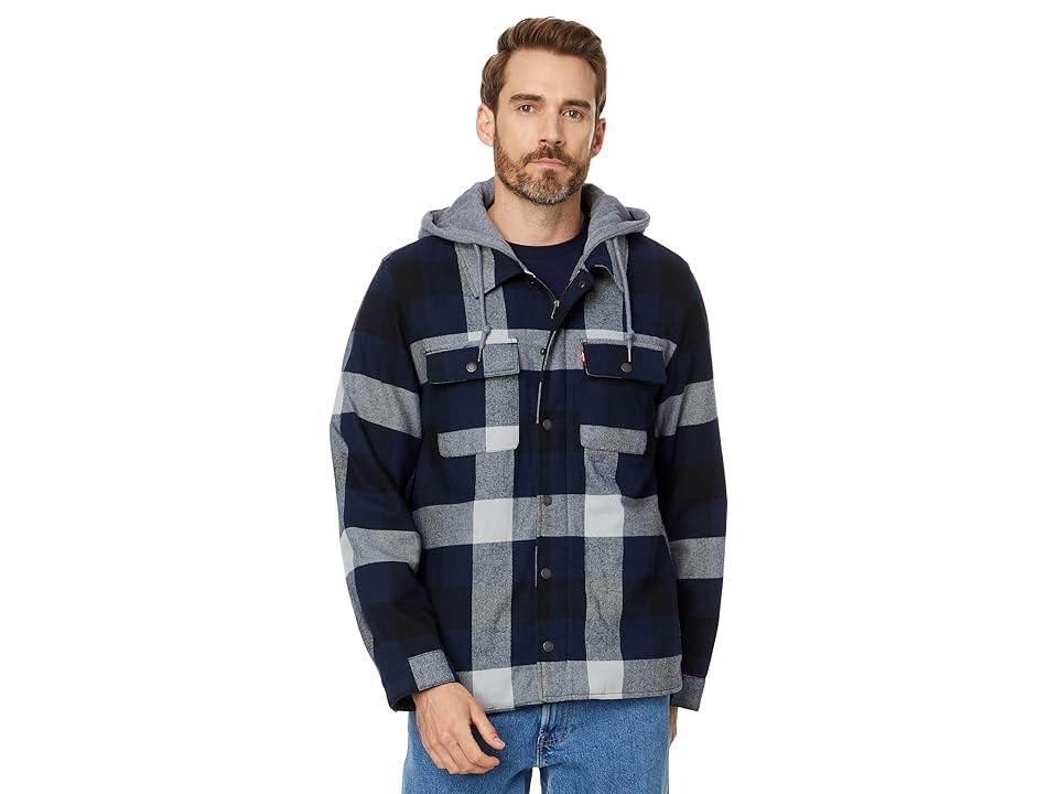 Levi's(r) Washed Cotton Shirt Jacket with A Jersey Hood and Sherpa Lining (Navy Buffalo Check) Men's Clothing Product Image