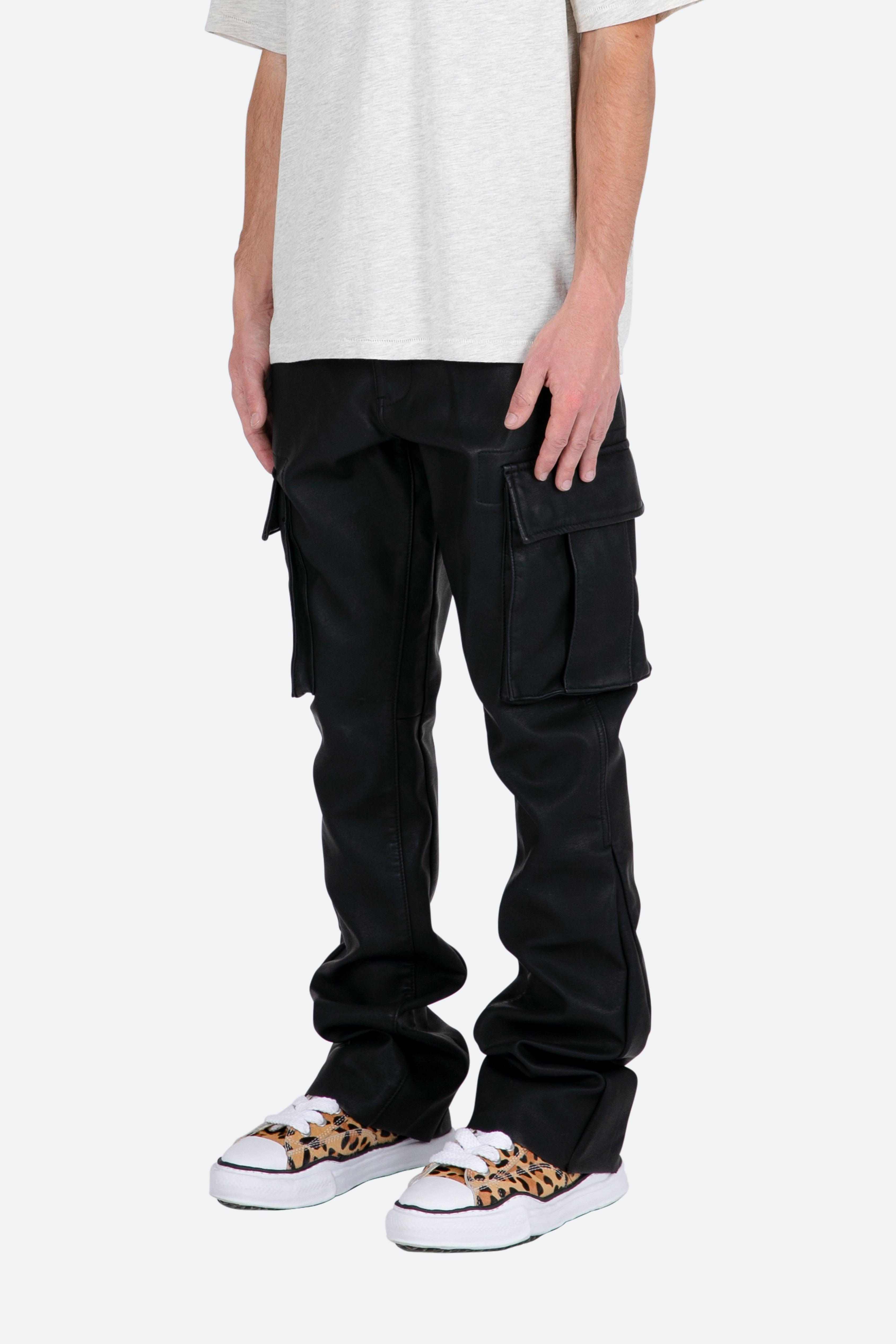 B449 Leather Cargo Flare Pants - Black Product Image