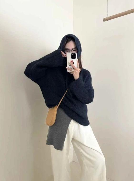 Long Sleeve Plain Loose-Fit Hooded Knit Top Product Image