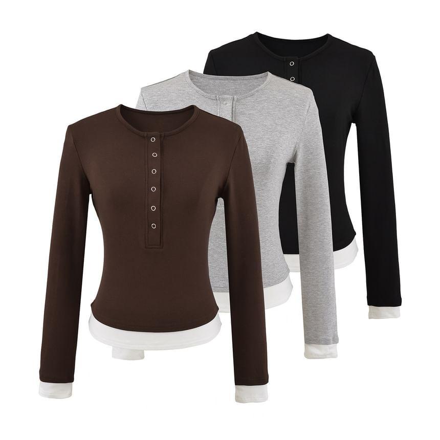 Mock Two-Piece Long-Sleeve Two-Tone Henley Tee Product Image