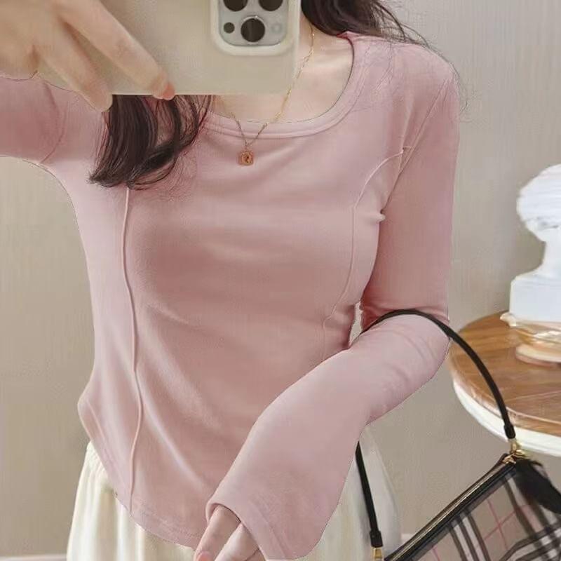 Long-Sleeve U-Neck Plain Top Product Image