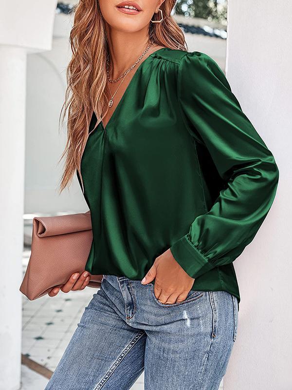 Loose Pleated Solid Color V-Neck Blouses&Shirts Tops Product Image