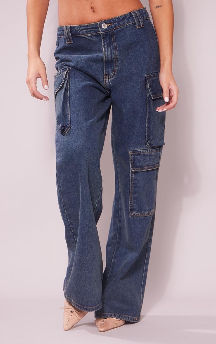 Petite Indigo Vintage Wash Denim Cargo Jeans Product Image