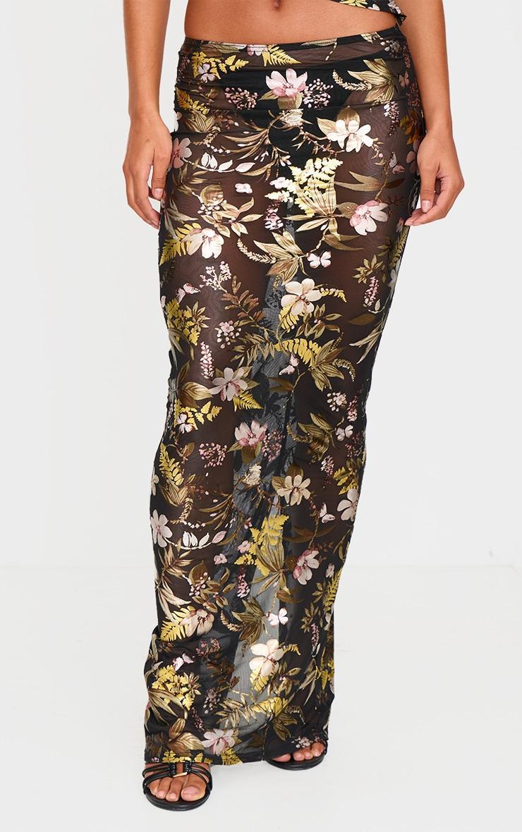 Black Floral Foil Printed Mesh Maxi Skirt Product Image