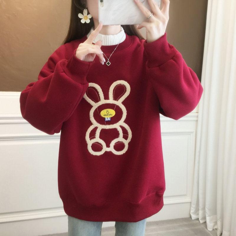 Mock Neck Bear Rabbit Patterned Fleece Pullover Product Image