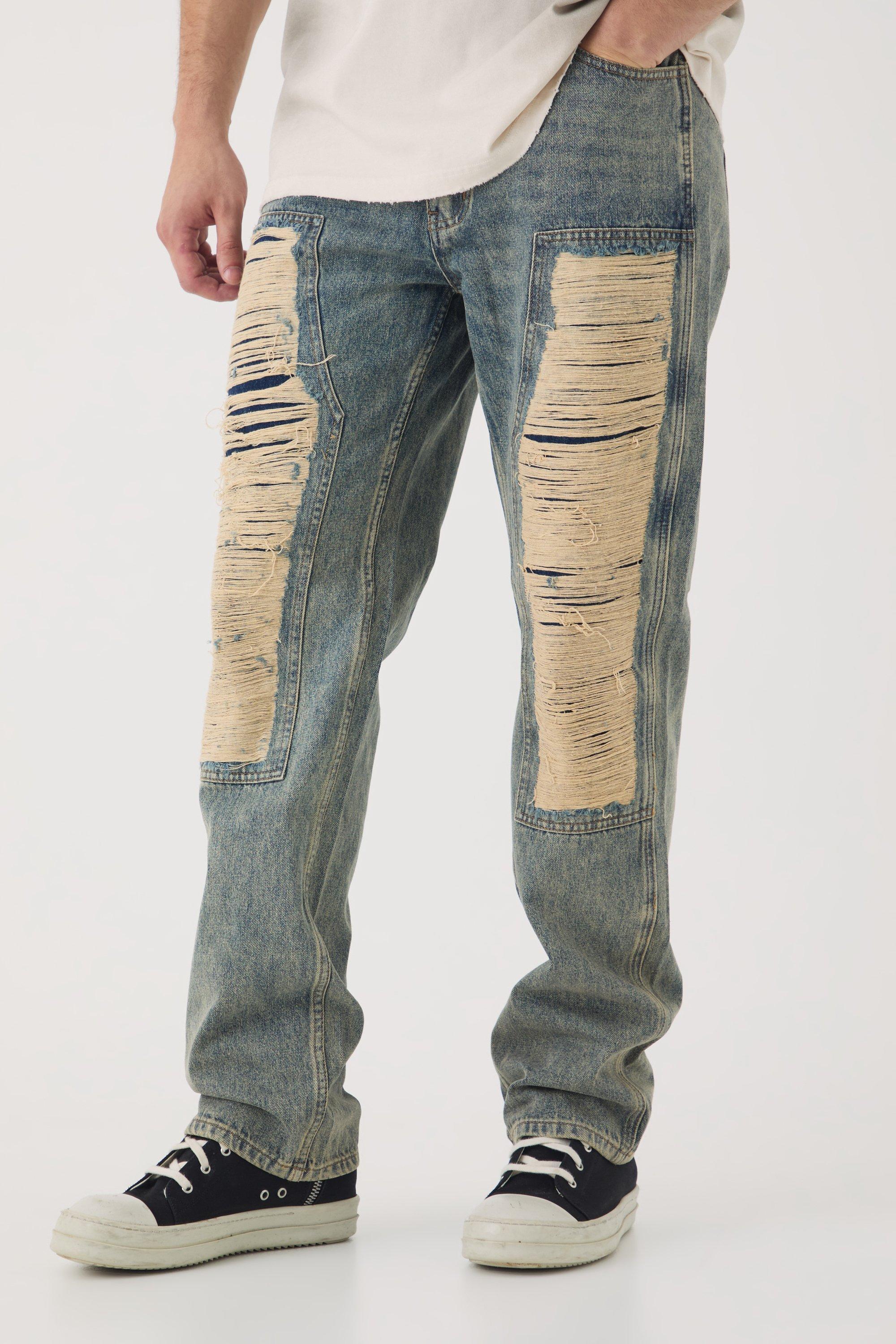 Mens Blue Tall Ripped Carpenter Panel Relaxed Fit Jeans, Blue Product Image