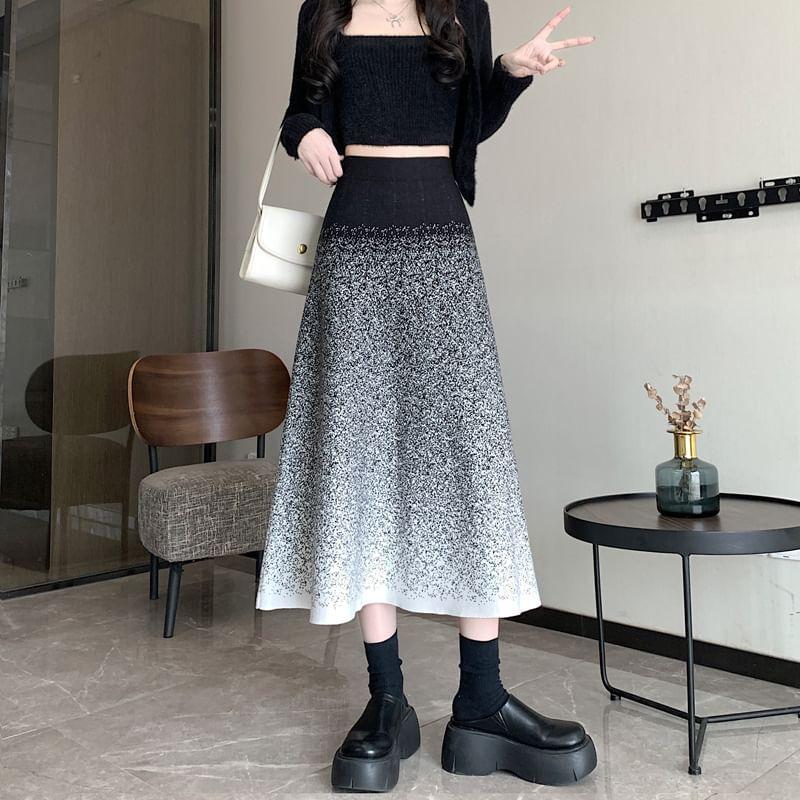 Elastic Waist Gradient Midi A-Line Knit Skirt Product Image