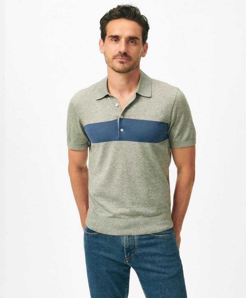 Luxe Short Sleeve Polo Sweater In Striped Cotton-Cashmere Product Image