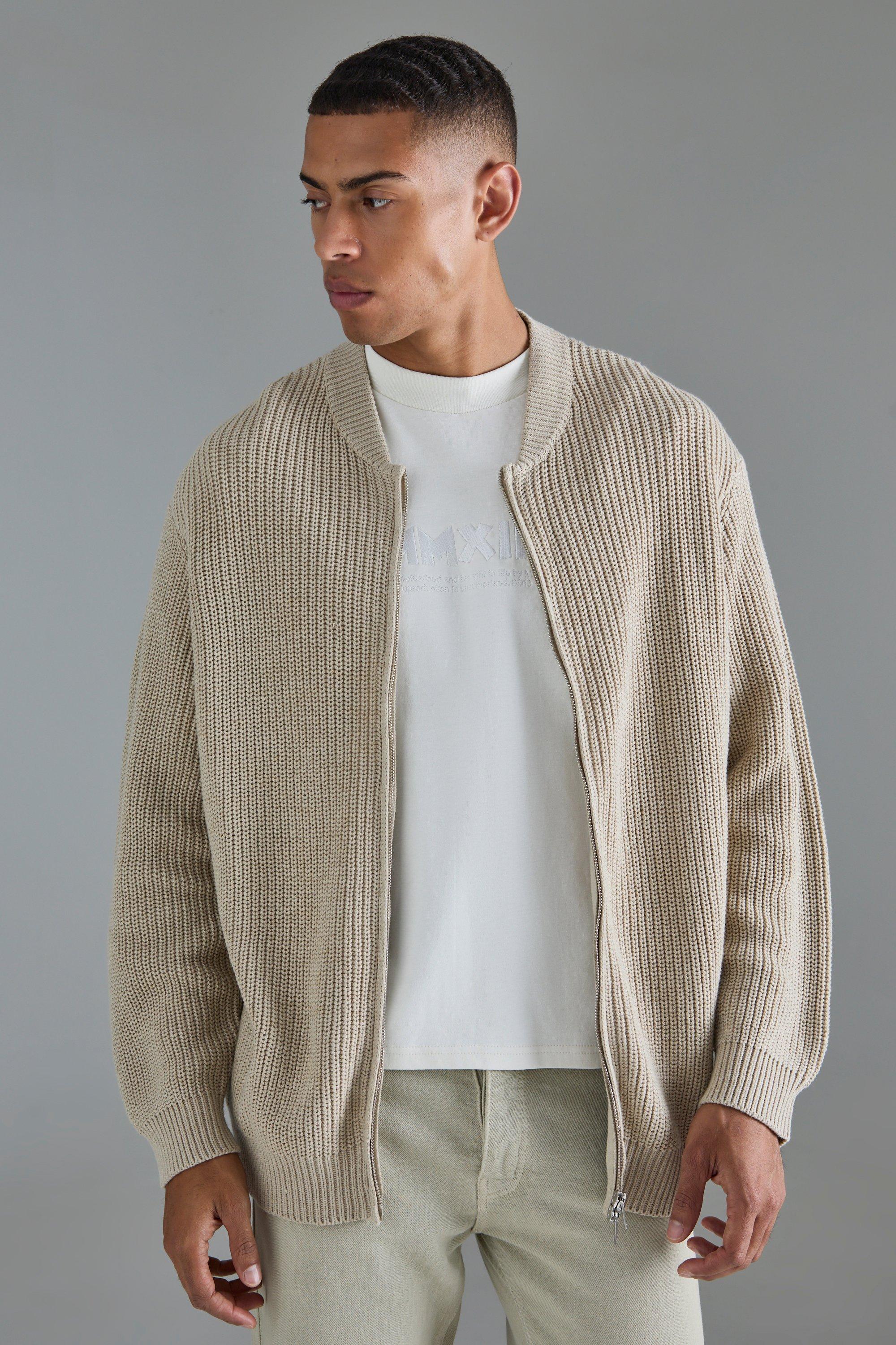 Mens Beige Regular Ribbed Fisherman Knit Bomber Jacket, Beige Product Image