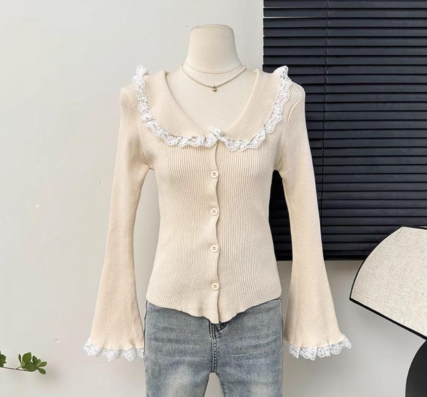 Long-Sleeve Collar Lace Trim Button Ribbed Knit Top Product Image