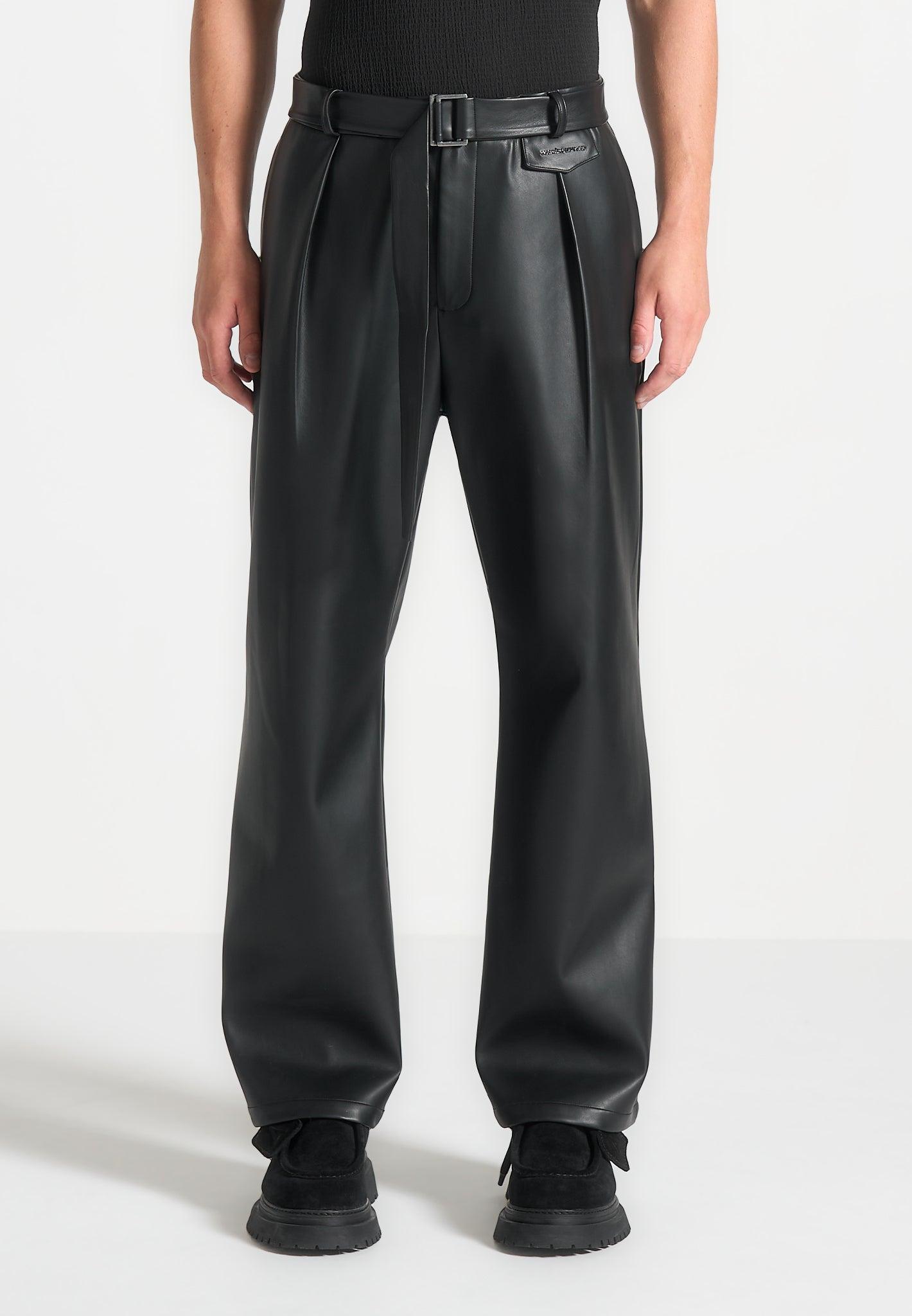 Relaxed Fit Leather Pleated Trouser - Black Male Product Image