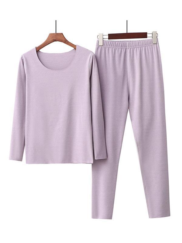 2PCS Plus Size Solid Color Round-Neck Top&Bottom Pajama Set Product Image