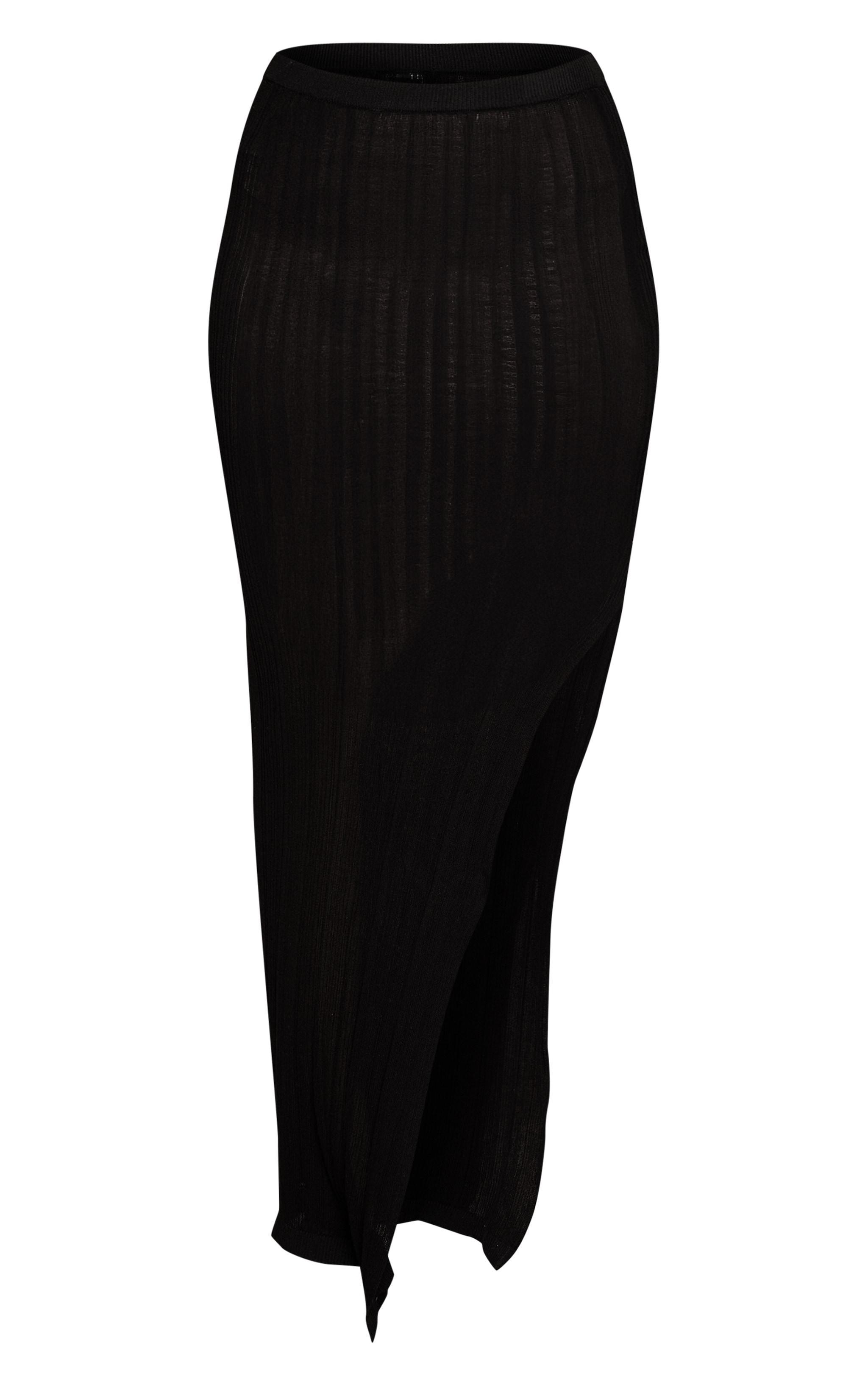 Black Sheer Rib Knit Maxi Skirt Product Image