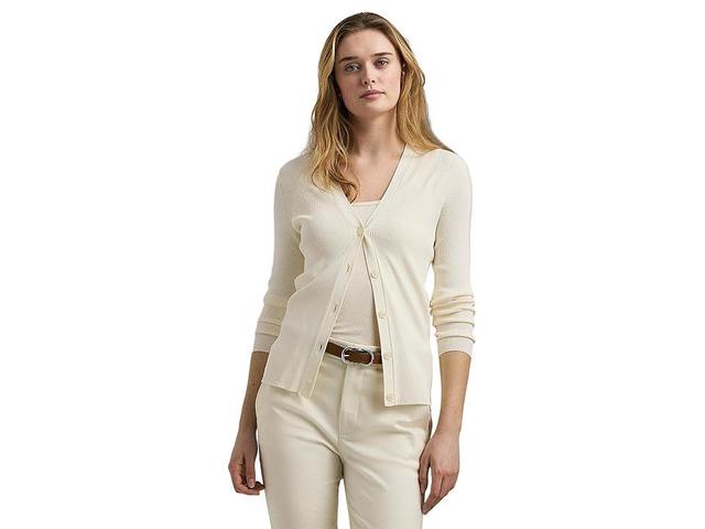 LAUREN Ralph Lauren Ribbed V-Neck Cardigan (Mascarpone Cream) Women's Sweater Product Image