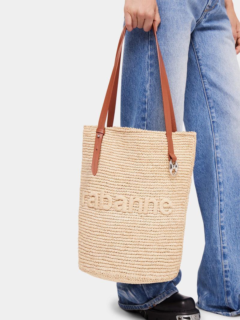 Beige Raffia Tote Bag with logo Product Image