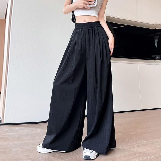 Elastic Waist Plain Ruched Wide Leg Pants Product Image