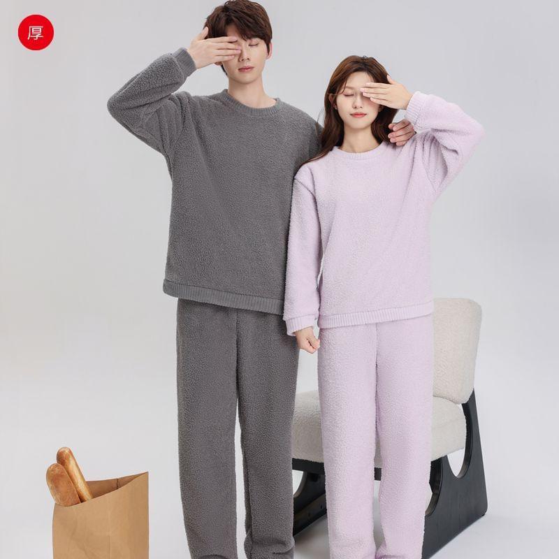 Couple Matching Pajama Set: Crew Neck Plain Fleece Sweatshirt + Pants Product Image