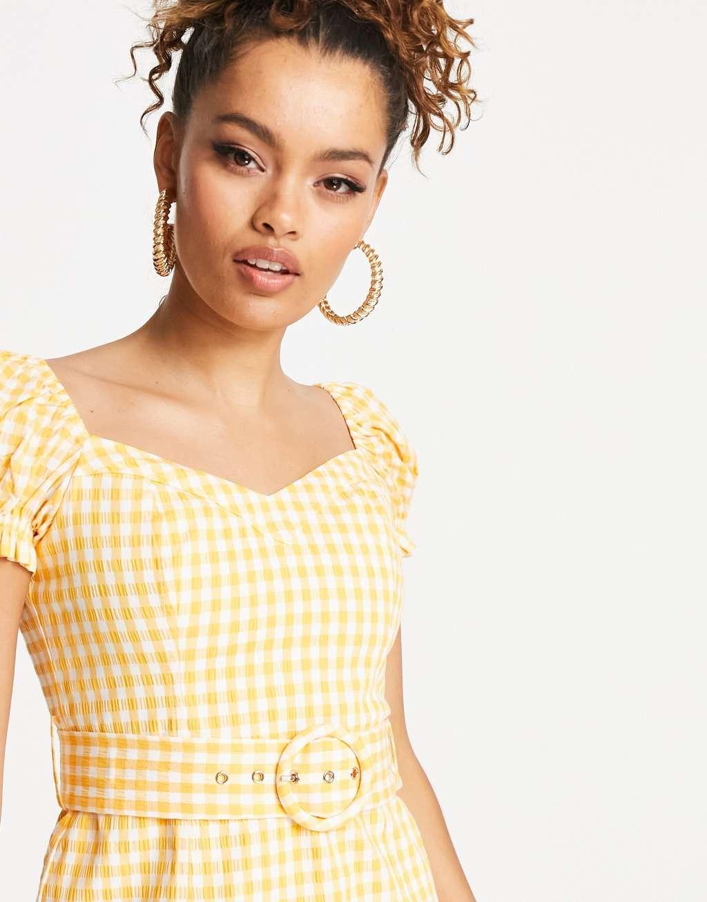 Ever New Petite puff sleeve belted mini dress in amber gingham Product Image