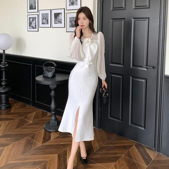 Long-Sleeve V-Neck Plain Flower Accent Slit Midi Sheath Dress Product Image