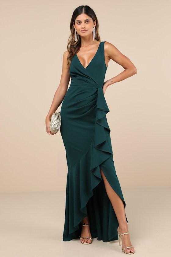 Pure Loveliness Emerald Pleated Ruffled High-Low Maxi Dress Product Image