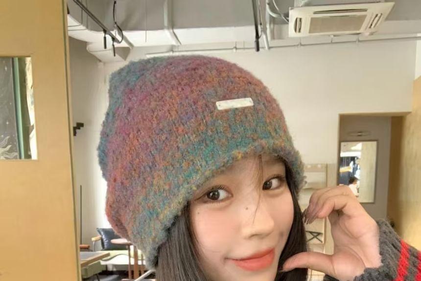 Metal Plate Melange Knit Beanie Product Image