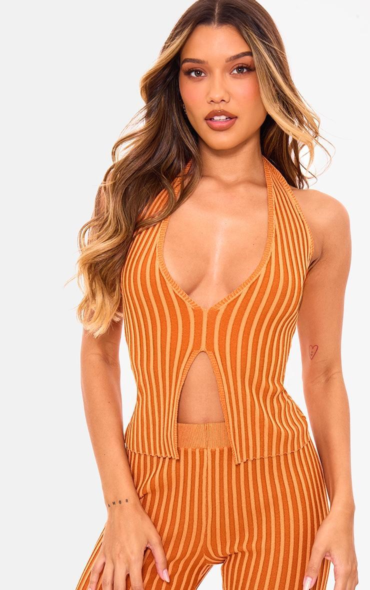 Rust Two Tone Knit Halter Neck Split Top Product Image