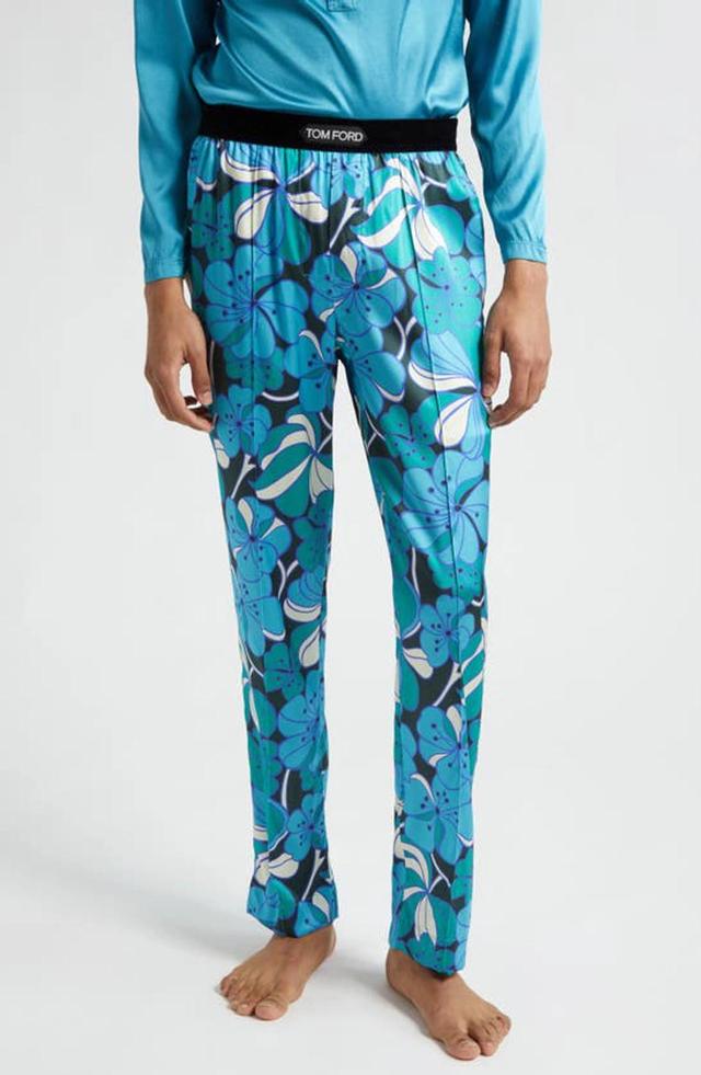 TOM FORD Floral Stretch Silk Pajama Pants In Blue,light Blue Product Image