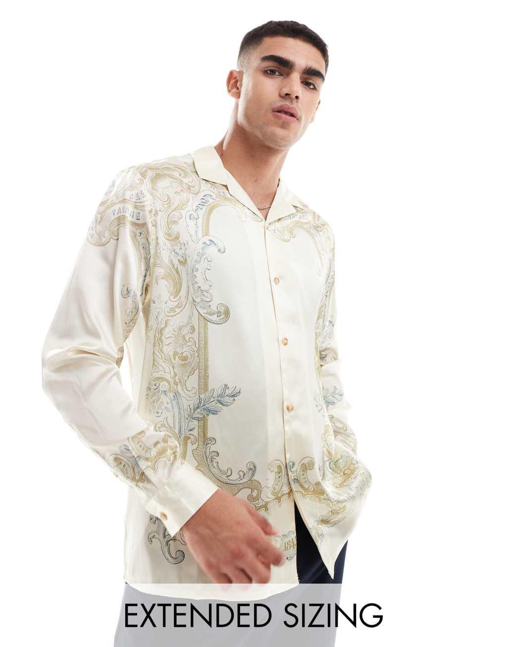 ASOS DESIGN relaxed revere shirt with ornate print in cream  Product Image