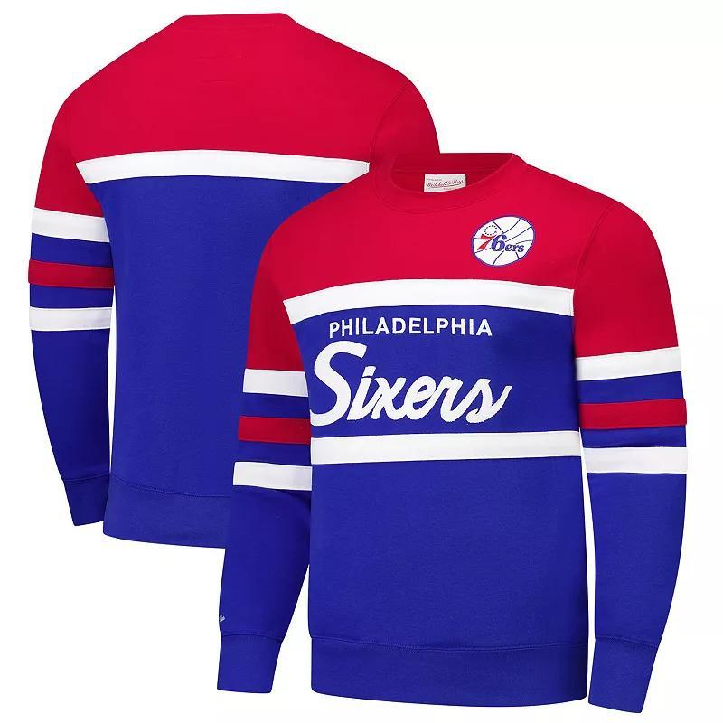 Mens Mitchell & Ness Royal/Red Philadelphia 76ers Hardwood Classics Vintage Logo Head Coach Pullover Sweatshirt Product Image