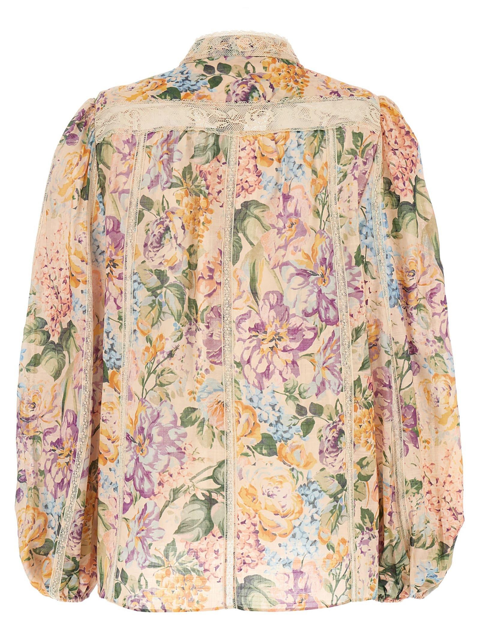 ZIMMERMANN Halliday Floral Lace Trim Balloon Sleeve Cotton Button-up Shirt In Multi Watercolour Floral Product Image