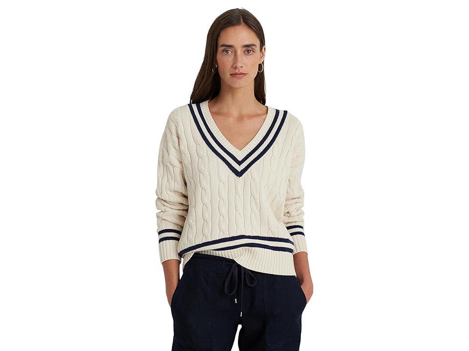 LAUREN Ralph Lauren Cable-Knit Cricket Sweater (Mascarpone Cream/Refined Navy) Women's Sweater Product Image