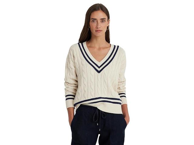 Lauren Ralph Lauren Cable-Knit Cricket Sweater (Mascarpone Cream/Refined Navy) Women's Sweater Product Image