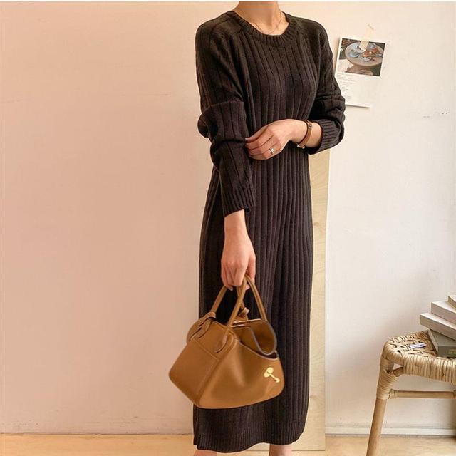 Long Sleeve Crew Neck Plain Ribbed Knit Bodycon Midi Sweater Dress Product Image