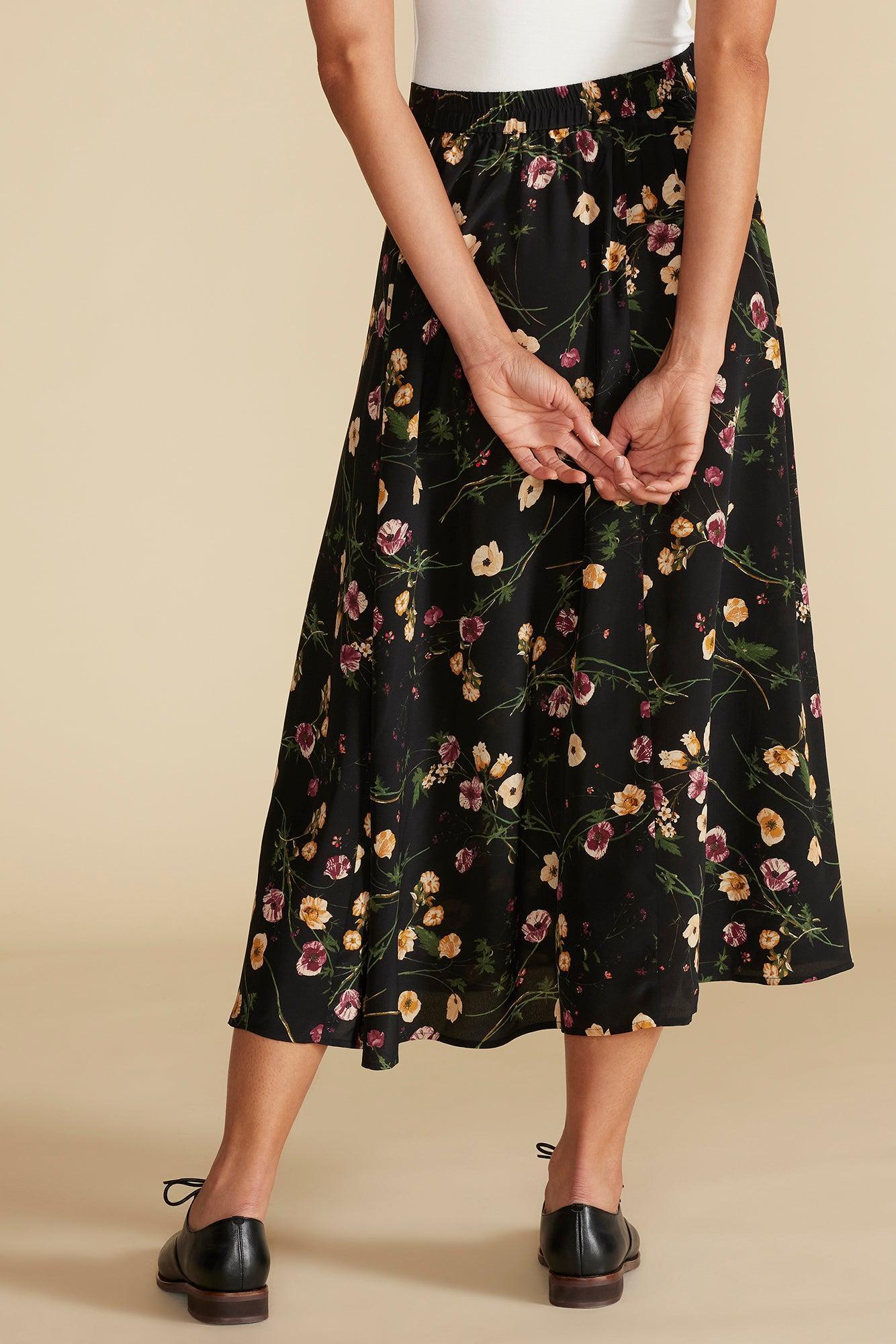 Blaze Washable Silk Skirt - Black Margeuritte Wildflower Print Product Image