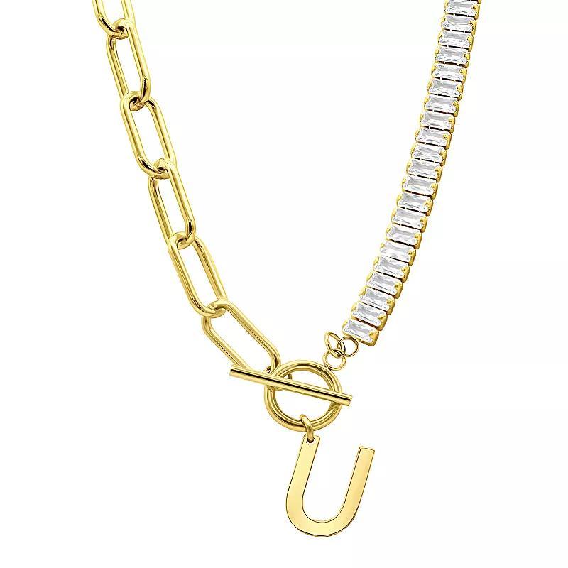 Adornia Gold Tone Half Crystal & Half Paperclip Initial Toggle Necklace, Womens Product Image